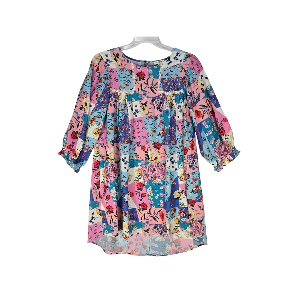 Umgee Womens Patchwork Floral Mini Dress Pink Blue Boho Lace Trim Size Large